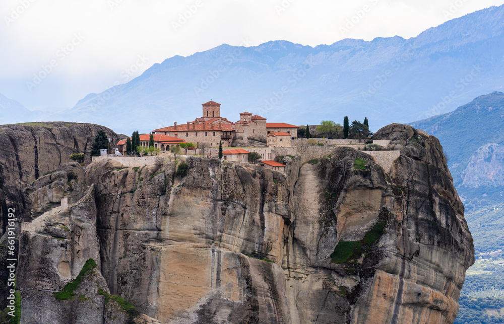 Meteora, Greece - 28 March 2023 - Monastery of the Holy Trinity at Meteora seen from a distance