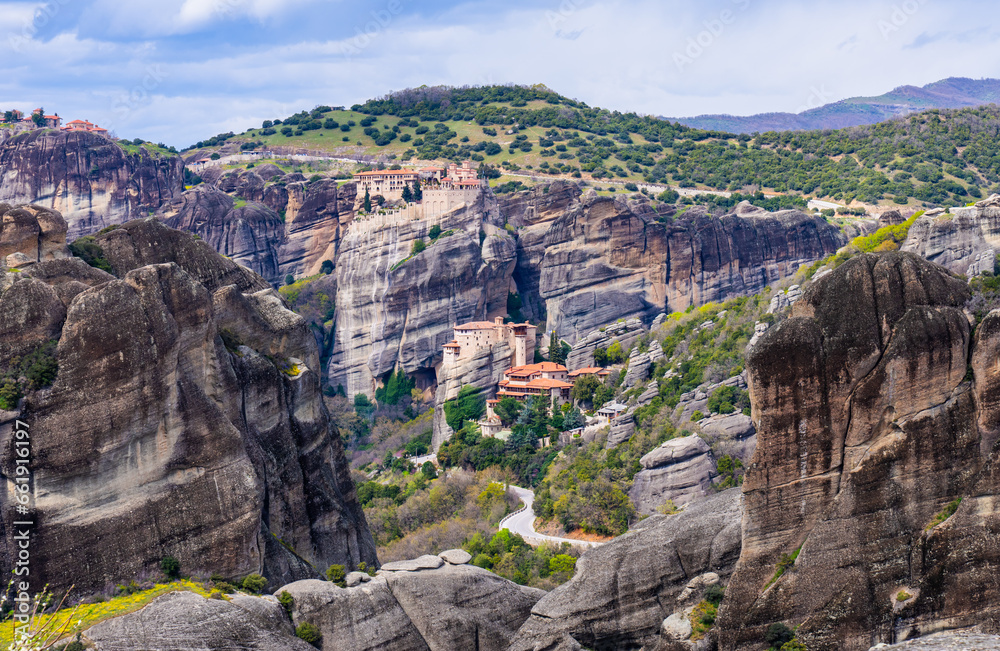 Meteora, Greece - 28 March 2023 - Several Monasteries seen from a distance