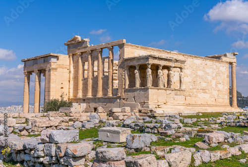 Athens, Greece - 3 March 2023 - Ruins of the The Porch of the Caryatids at the Pantheon site in the center of Athens