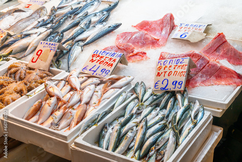 Athens, Greece - 3 March 2023 - Fish at the  local fresh Varvakios Central Municipal Market in Athens