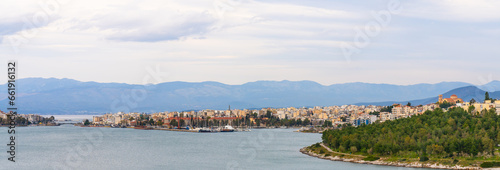 Chalcis, Greece - 10 March 2023 -The town of Chalcis on the island Evia seen from the mainland of Greece