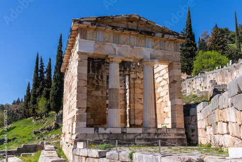 Delphi, Greece - 14 March 2023 -The Athenian Treasury on the Delphi site