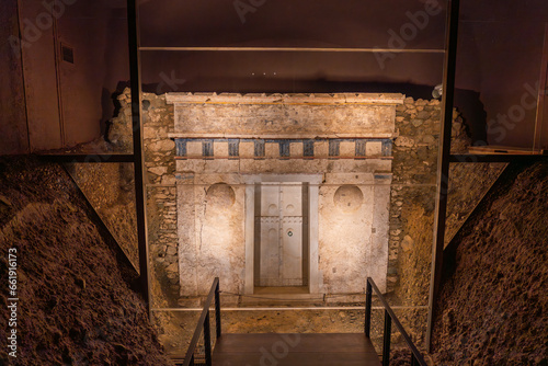 Aegae, Greece - 19 March 2023 -Recovered entrance of the royal tomb at the Museum of the Royal Tombs at Aigai (Aegae) photo