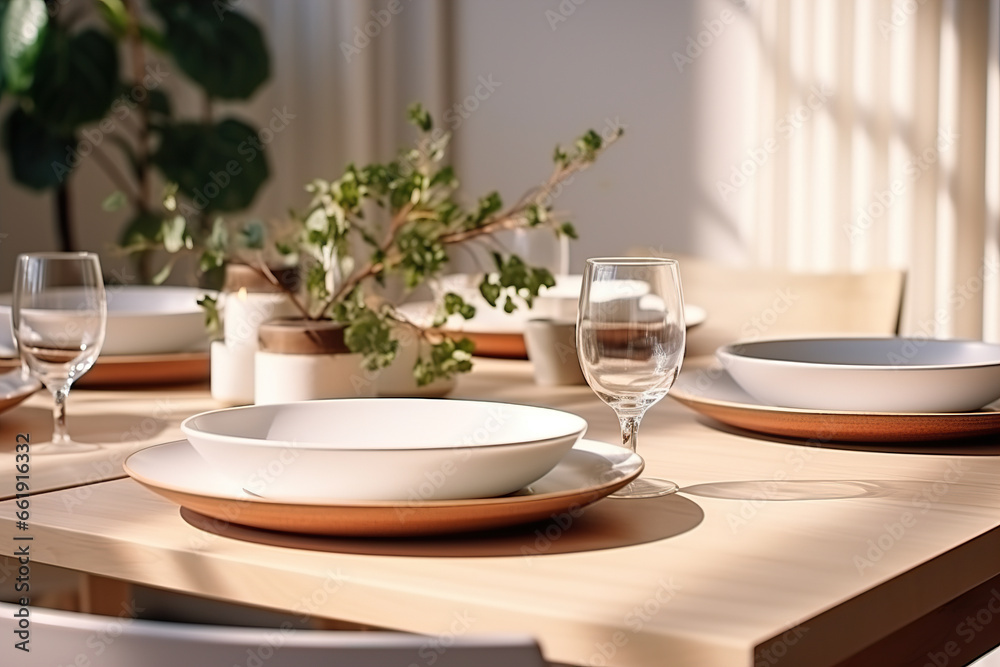 Sunlit Dining Table with Elegant Glassware and Greenery Sunlit Dining Table with Elegant Glassware and Greenery