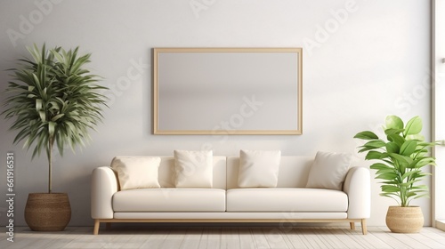 Interior of light living room with comfortable sofa  houseplants and mirror near light wall
