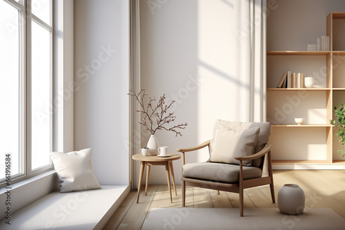 Fotografija Warm Sunlit Corner with Elegant Chair and Shelving