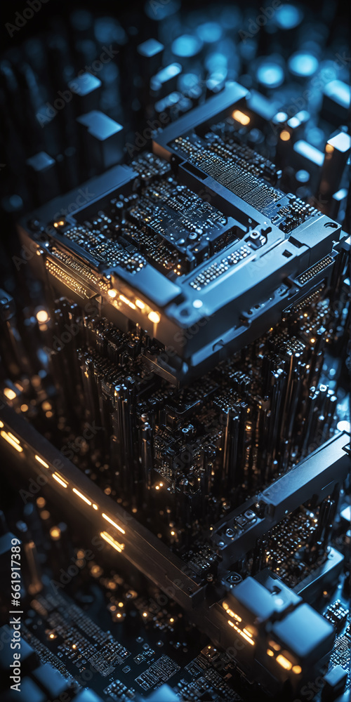 Macro shot of high-tech circuitry in AI supercomputer technology, featuring LED elements and intricate microchips. Great for illustrating digital innovation and computing power.