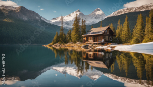  A serene, remote cabin by a pristine mountain lake, with kayaks on the shore and a clear reflection of the snow-capped peaks, embodying the serenity of wilderness retreats. photo
