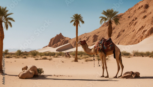  A tranquil, desert oasis with a palm tree, camels, and a clear blue sky, showcasing the allure of desert landscapes.