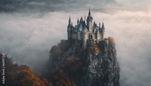  A magical, fairy-tale castle perched on a rocky cliff with turrets and spires, shrouded in mist, embodying the allure of fantasy.