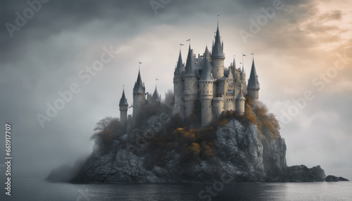  A magical, fairy-tale castle perched on a rocky cliff with turrets and spires, shrouded in mist, embodying the allure of fantasy.