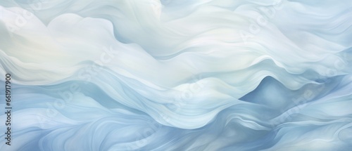 Flowing folds of silk fabric blowing gently in the wind, smooth satin blue texture, rolling waves and curves.  photo