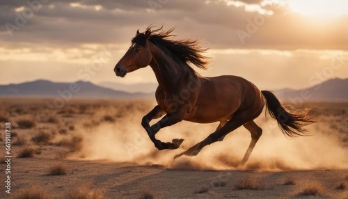  A powerful wild mustang galloping freely across a vast desert landscape at sunset, embodying the spirit of freedom and the untamed West.