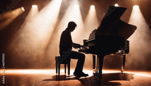  A silhouetted musician playing a grand piano on a stage, with soft stage lights casting a warm glow, exuding the ambiance of musical passion and performance.