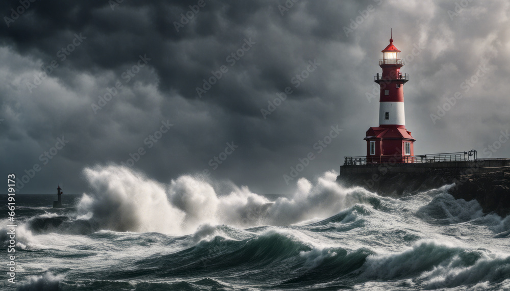 A dramatic, stormy seascape with crashing waves, as a lighthouse stands tall against the elements, symbolizing strength and resilience.