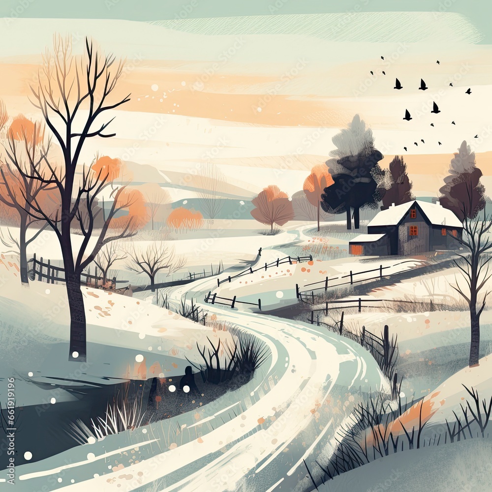 Obraz premium An illustration of a flock of birds leaving terrain in late autumn. Village, rural seasonal landscape. Countryside with its roads, hills and nature. Painting of a village. Rustic view