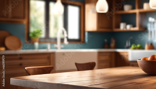 Wooden table against a blurred background of a kitchen bench. Wooden table empty with a blurry kitchen background