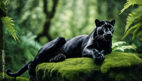  An elegant black panther resting gracefully on a moss-covered stone, surrounded by emerald ferns in a lush rainforest, representing power and natural beauty.