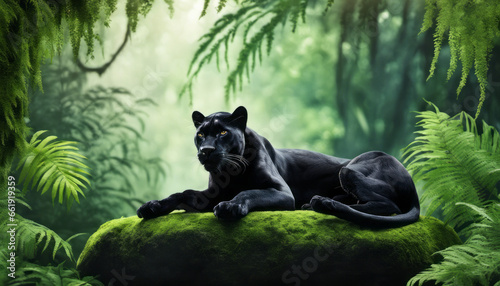 An elegant black panther resting gracefully on a moss-covered stone, surrounded by emerald ferns in a lush rainforest, representing power and natural beauty. photo