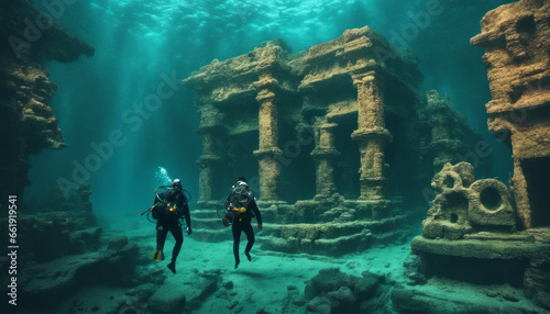  A surreal underwater world where a scuba diver explores an ancient, submerged city with sunken ruins, showcasing the mystery and allure of forgotten civilizations. photo