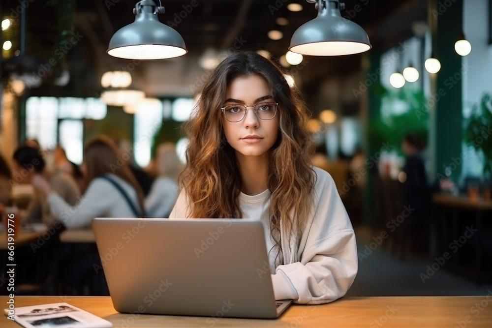 In this image, a lovely young woman, potentially a freelancer or student, is seen working on her laptop at a cafe table, illustrating her commitment to her tasks. In this image, a lovely young woman, potentially a freelancer or student, is seen working on her laptop at a cafe table, illustrating her commitment to her tasks.