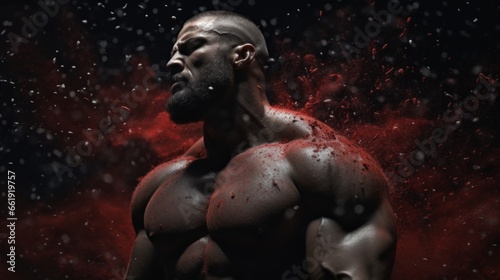 Male bodybuilder on anabolic steroids covered in black dust 