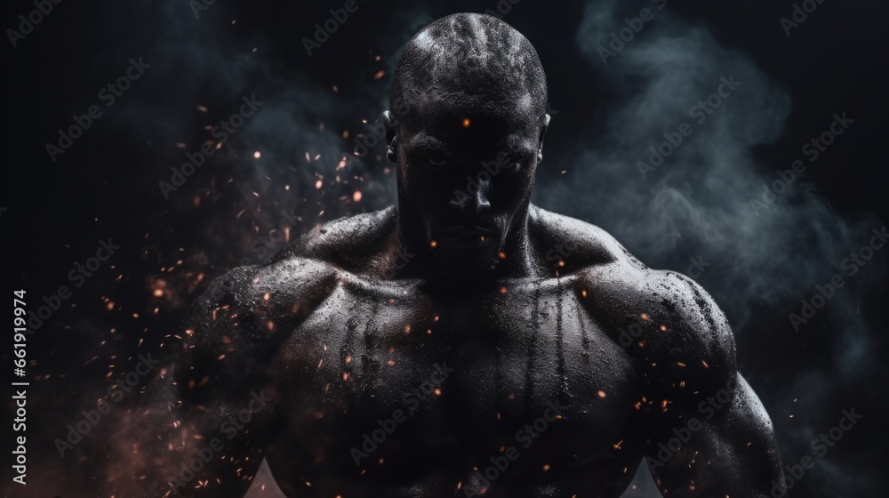 Male bodybuilder on anabolic steroids covered in black dust - obrazy, fototapety, plakaty 