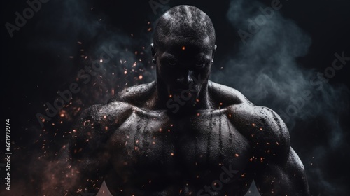 Male bodybuilder on anabolic steroids covered in black dust photo