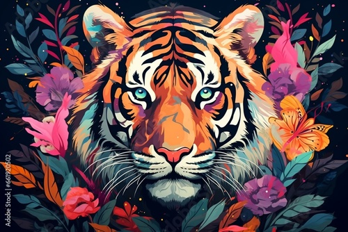 Happy tiger with flowers on colorful background. Abstract artistic profile. Splendid. Generative AI