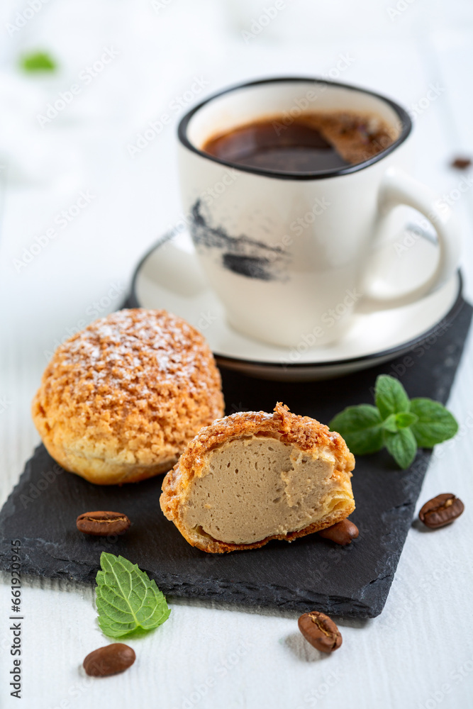 Homemade choux with coffee cream. Homemade choux with coffee cream.