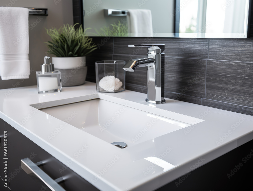 A modern sink with a shiny chrome faucet in a clean, organized bathroom, ready for use.hygiene concept