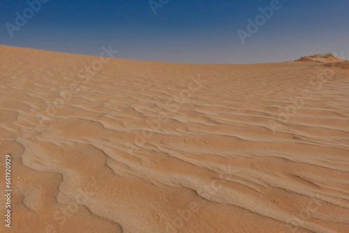 Red desert sand with undulating movements shot from below against a blue sky background.
