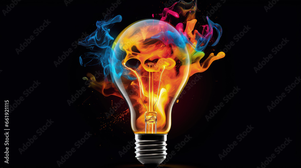 A creative light bulb exploding with colorful paint and splashes on a black background. Concept for thinking differently and creative ideas. A creative light bulb exploding with colorful paint and splashes on a black background. Concept for thinking differently and creative ideas.