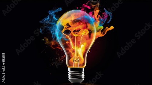 A creative light bulb exploding with colorful paint and splashes on a black background. Concept for thinking differently and creative ideas.