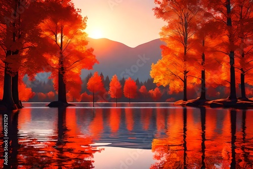 Fiery Autumn Sunset Reflection on Lake