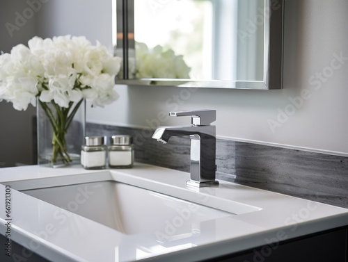 A modern sink with a shiny chrome faucet in a clean, organized bathroom, ready for use.hygiene concept