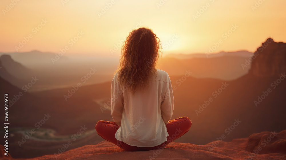 A calm woman meditating at sunset, with a blurred background, representing stress relief and mental wellness. A calm woman meditating at sunset, with a blurred background, representing stress relief and mental wellness.