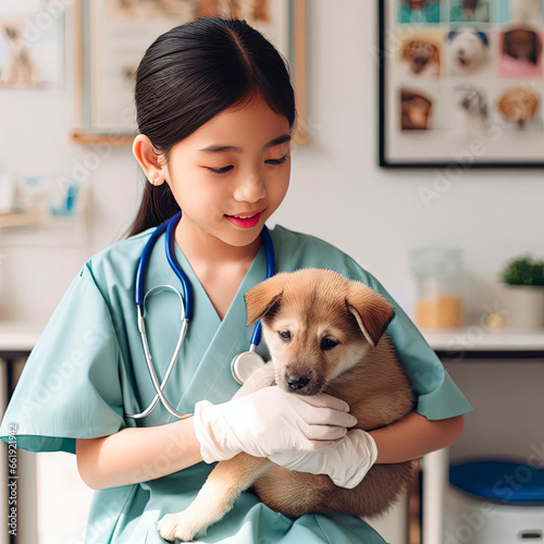 veterinary care concept. girl holding a puppy in his arms. ai generative
