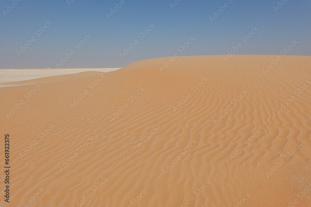 Large golden dune with undulating vertical sand movement and white limestone formations on the horizon. Oman. Large golden dune with undulating vertical sand movement and white limestone formations on the horizon. Oman.