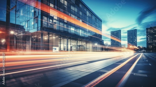 Light trails on the modern building background. Light trails at night in urban environment  Abstract Motion Blur City  traffic  transportation  street  road  speed.