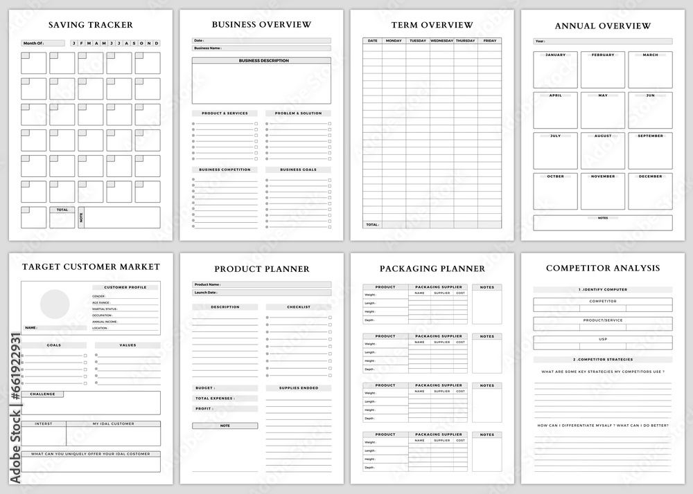 Minimalist planner pages templates. Business Goals,Saving Tracker,Business Overview,Term Overview,Annual Overview,Target Customer Market,Product Planner,Packaging Planner, - obrazy, fototapety, plakaty 