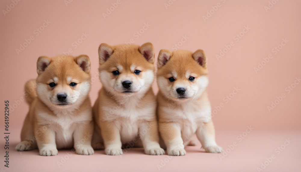 cute shiba inu puppies on the left side on a pastel background with copy space, leaving one third of the background empty for a quote
