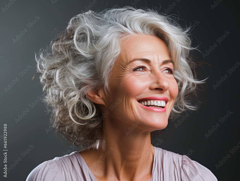 An adult woman with smooth healthy facial skin. Beautiful aging mature woman with gray hair and happy smiling face. 