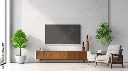 Mockup a cabinet TV wall mounted with armchair in living room with a white cement wall.3d rendering