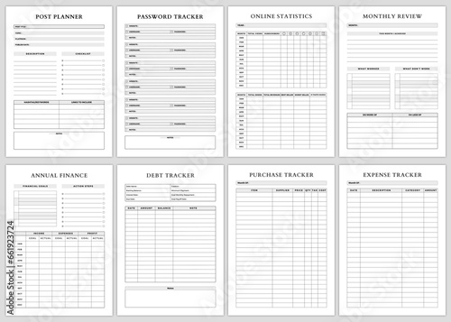 Minimalist planner pages templates.Social Media Planner,Post planner,Password Tracker,Online Statistics,Monthly Review,Annual Finance,Debt Tracker,Purchase Tracker,