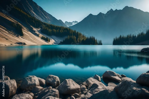 A tranquil mountain lake with a softly blurred mountain landscape in the background.
