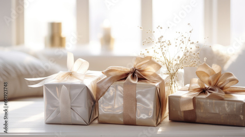 Beautifully wrapped gifts with bows and other christmas decorations on the mantle for the holiday season