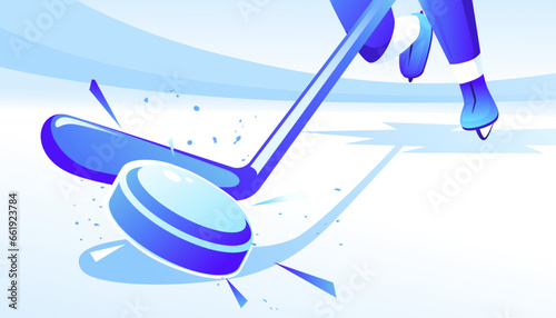 Hockey player shoots the puck on the ice arena. Sports concept