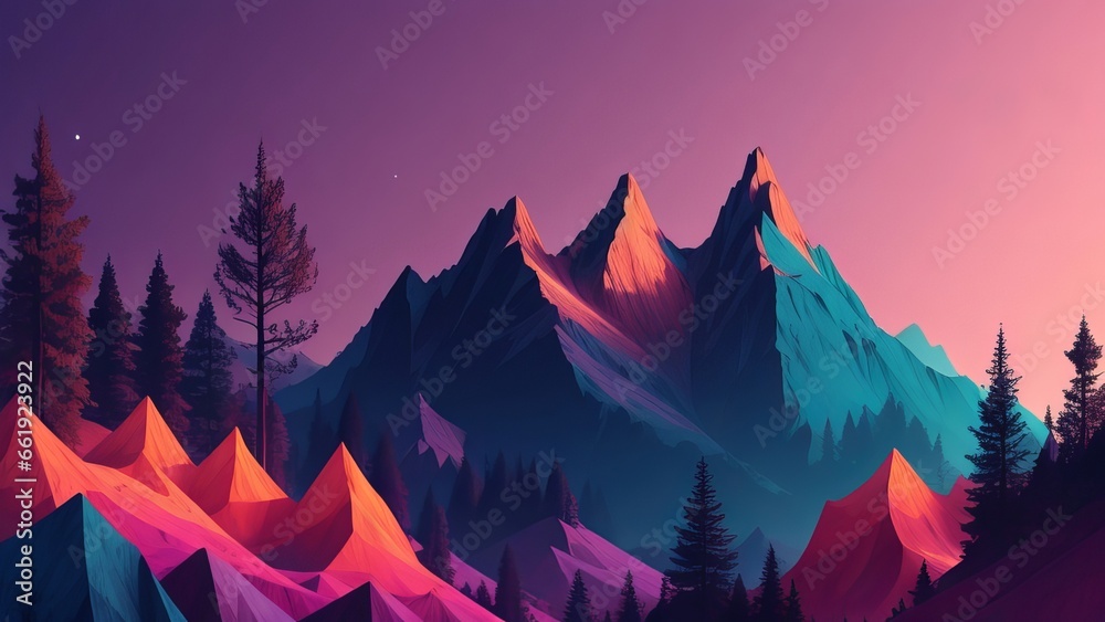 Free Illustration 4k abstract mountain trees Digital Wireframe colorful abstract background, Generative AI