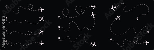 Airplane dashed lines path with start point and dash line Airplane routes set. Plane route line. Planes dotted flight pathways. Plane paths. Aircraft tracking, Airplane routes. Travel vector icon.